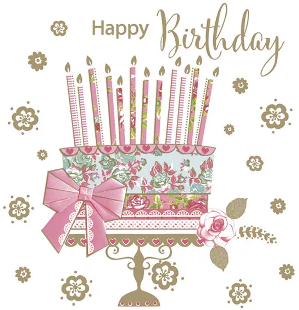 40 Servetten - Happy Birthday - Taart - Strik - Bloem - Hart - Op witte achtergrond - Roze - Goud - Licht Blauw - Wit - 33 x 33 cm - 3-Laags - Daisy