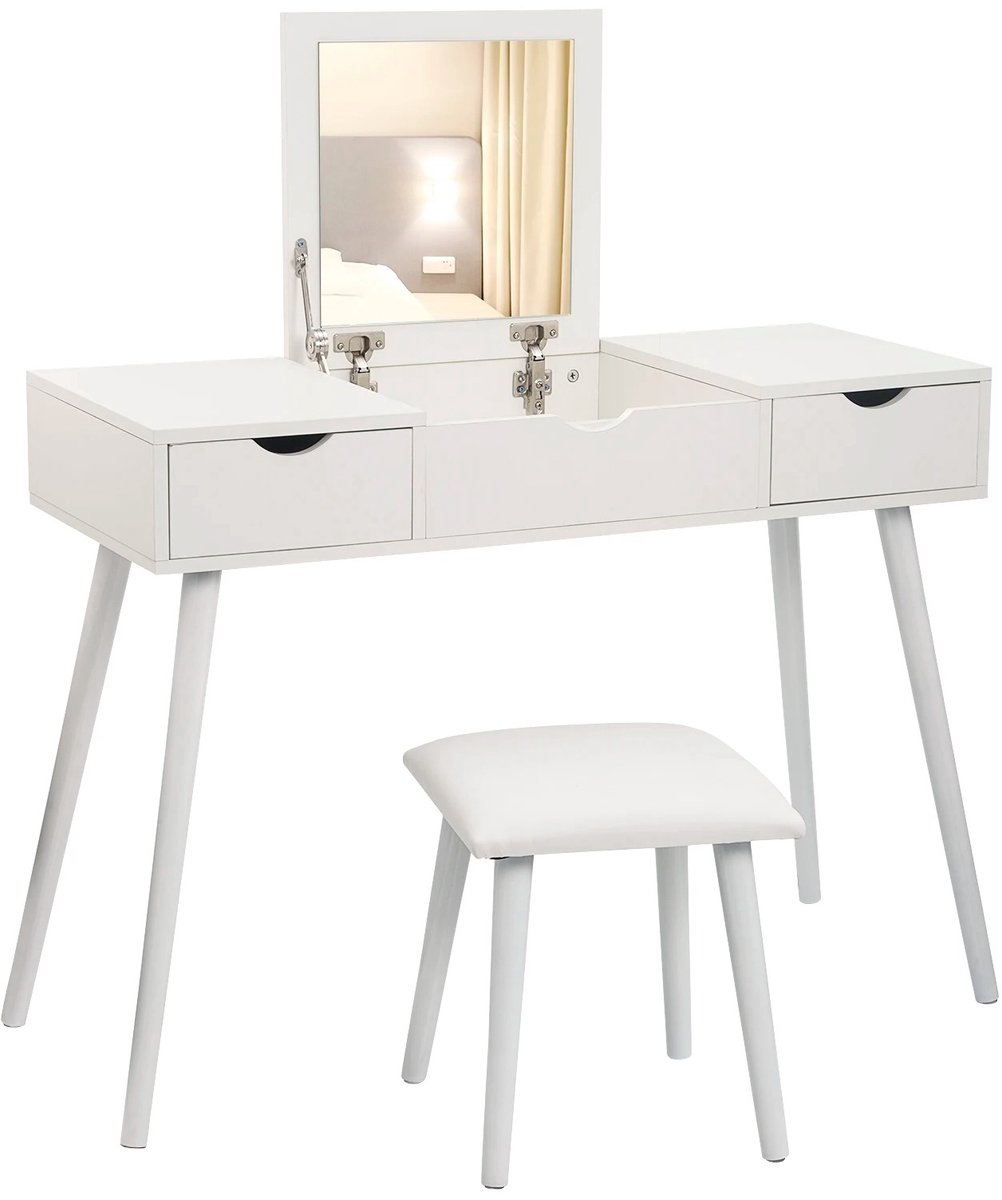 Smyl. Kaptafel - Kaptafel met Spiegel - Dressoir - Make Up Tafel - 2 Laden - Met Kruk - Wit - 100 × 40 × 75 cm