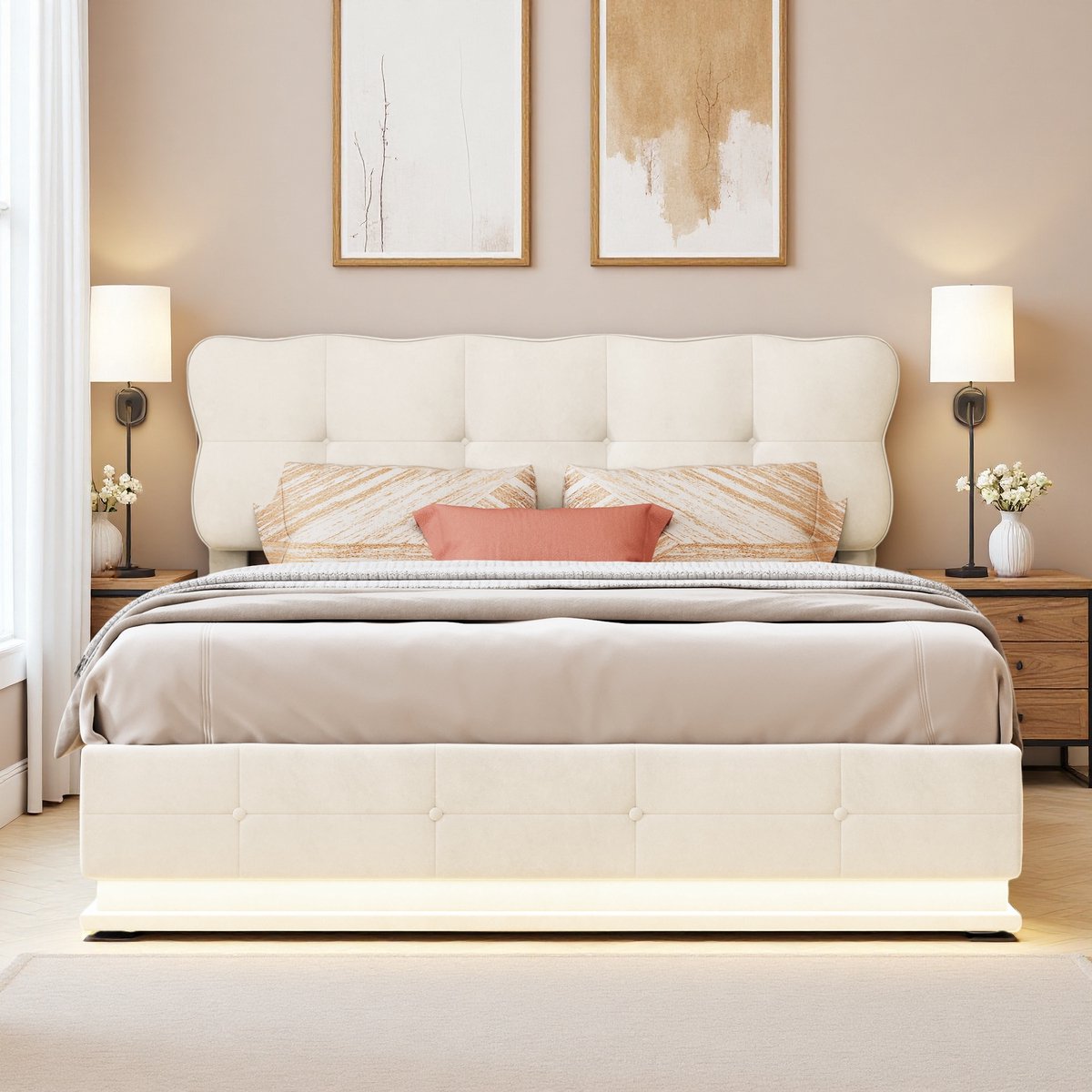 ROSAHQNDA Tweepersoonsbed 140x200cm hydraulisch bed met LED-verlichting en opbergruimte. Gestoffeerd hoofdeinde, breed appartementbed voor jongeren en volwassenen, fluweel, beige, zonder matras