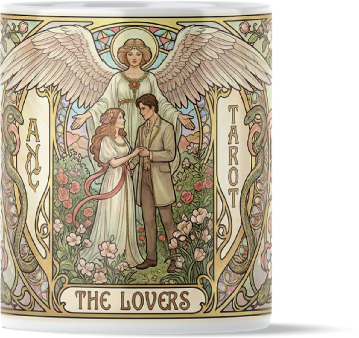 Mystieke Tarot Mok "The Lovers" (De Geliefden) - Romantisch Cadeau voor Koppels – Art Nouveau Stijl - Romantische Vintage Illustratie met Engel & Rozen – Keramiek Tarot Serie Beker - Spiritueel ValentijnsCadeau voor Vrouw of Vriendin