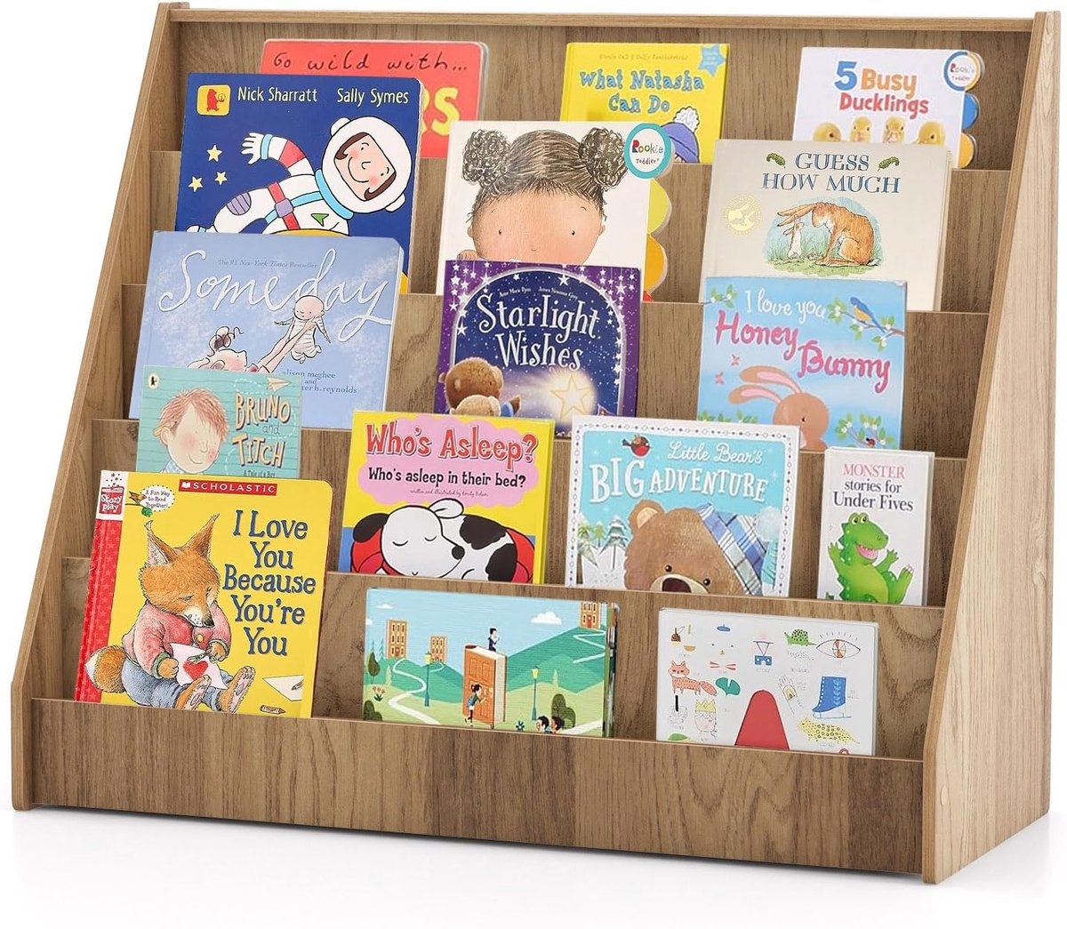 KOMFOTTEU Kinderboekenkast, 5-delige kinderboekenkast met diepe vakken, Montessori-kinderboekenkast, krantenrek, opbergrek, kinderboekenkast