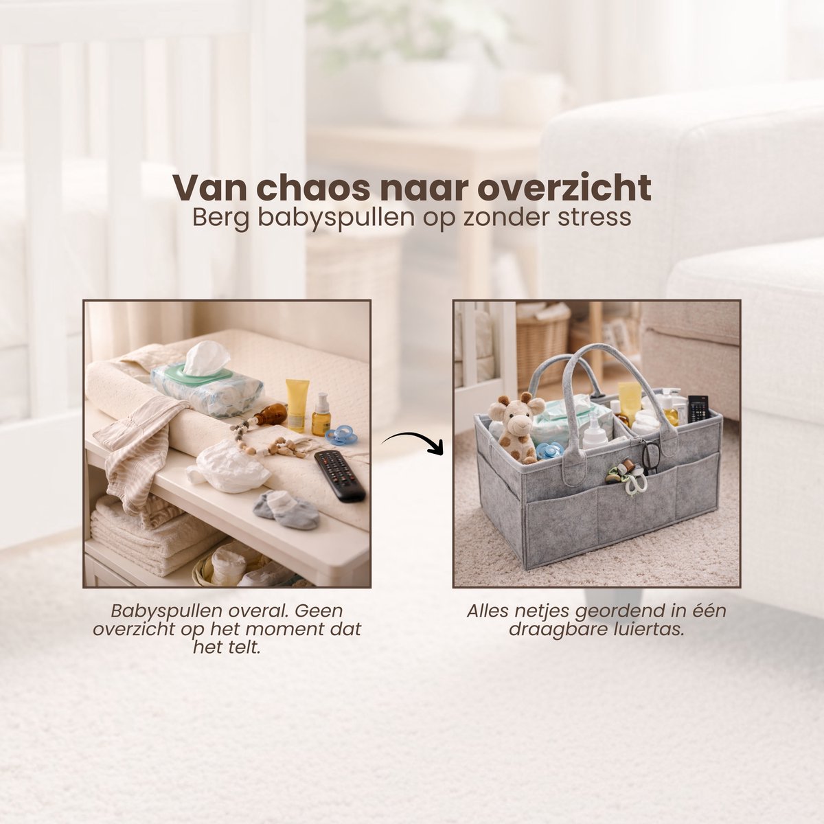 Luiertas Vilt - Grijs - Vilt - 32 x 22 x 19 cm - Luier Organizer - Draagbare Organiser met Handige Vakken - Verzorgingstas – foto 4