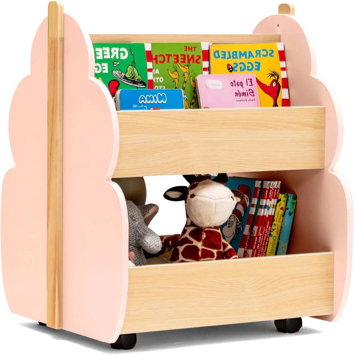 KOMFOTTEU Kinderboekenkast, opbergrek met 2 niveaus in de vorm van een boom met 3 compartimenten, universele wielen, afgeronde hoeken, meubel voor kinderkamer, woonkamer, speelkamer (roze)