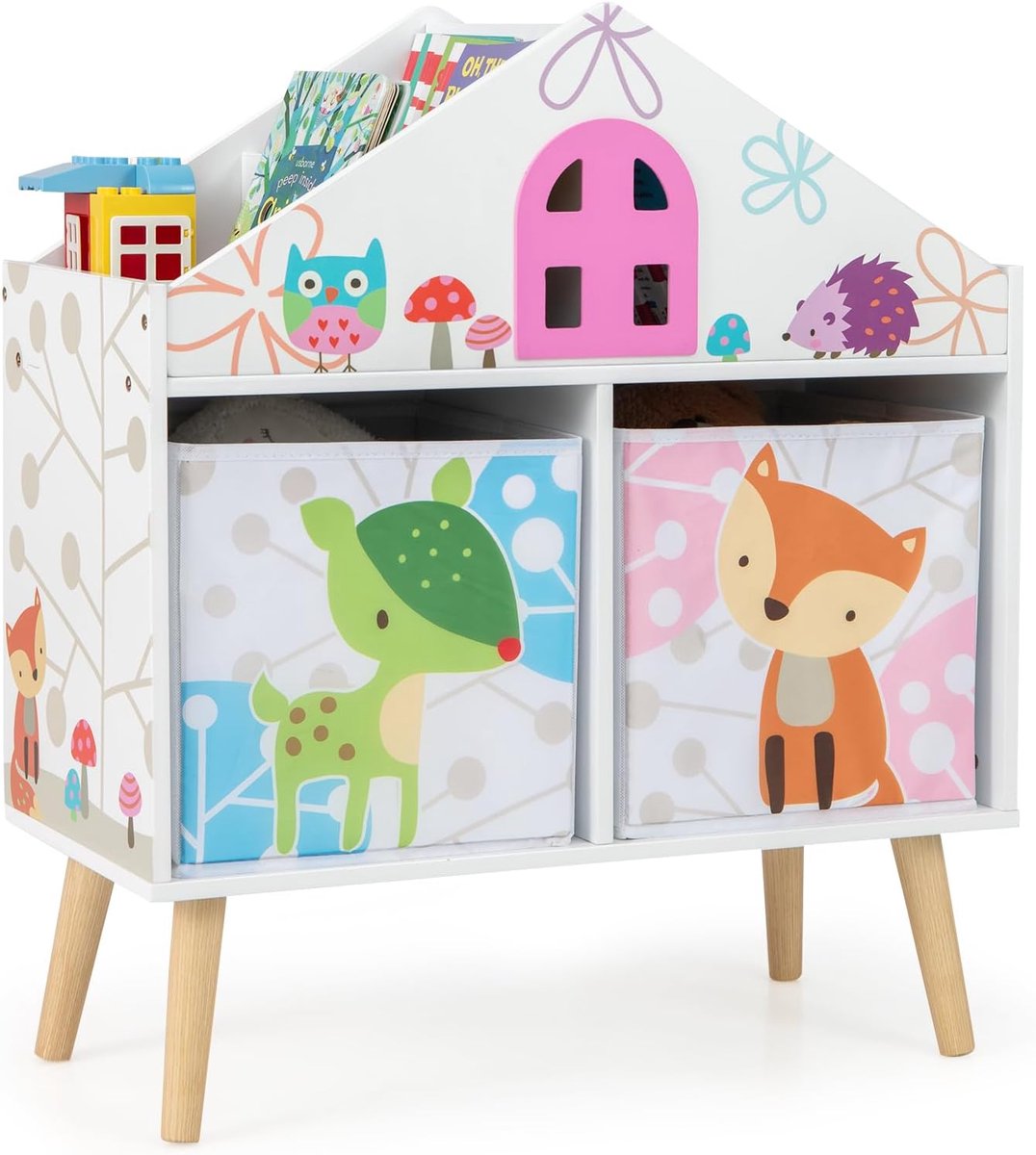 KOMFOTTEU Kinderrek, kinderboekenkast met 2 stoffen laden en 4 bovenste vakken, speelgoedrek voor kinderkamer en speelkamer, 62 x 30 x 72 cm