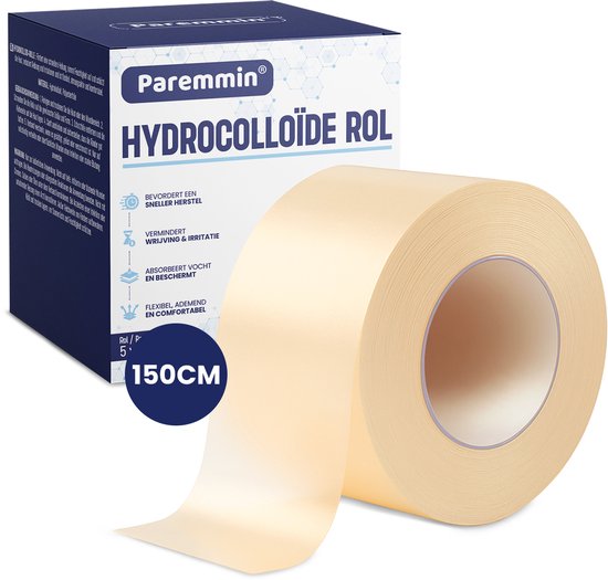 Huidkleurige rol hydrocolloïd verband van Paremmin, 150CM lang en 5CM breed. Verpakking vermeldt 'Hydrocolloïde Rol'.