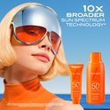 Model met oranje kleding en zonnebril met oranje lenzen. Naast haar staan een tube en fles Lancaster Sun Beauty SPF 50.