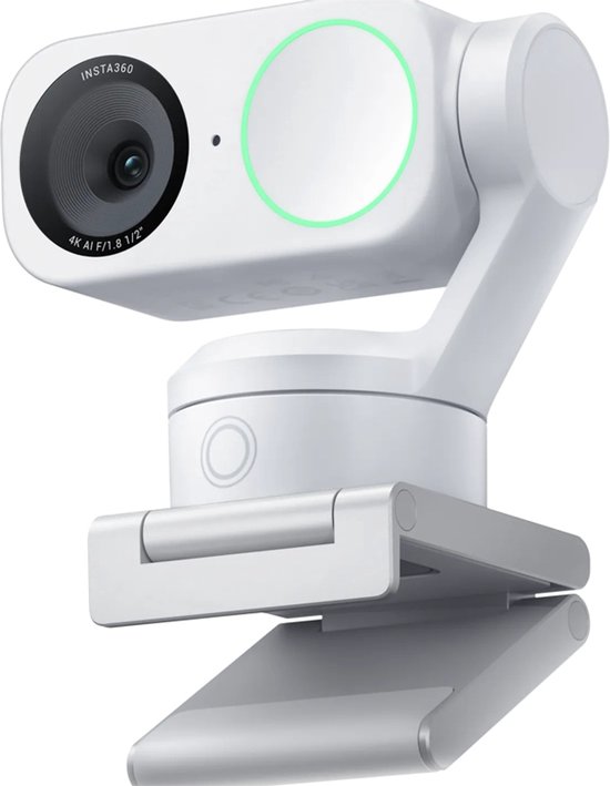 Webcam Insta360 Link 4K blanche avec indicateur circulaire vert et support réglable.