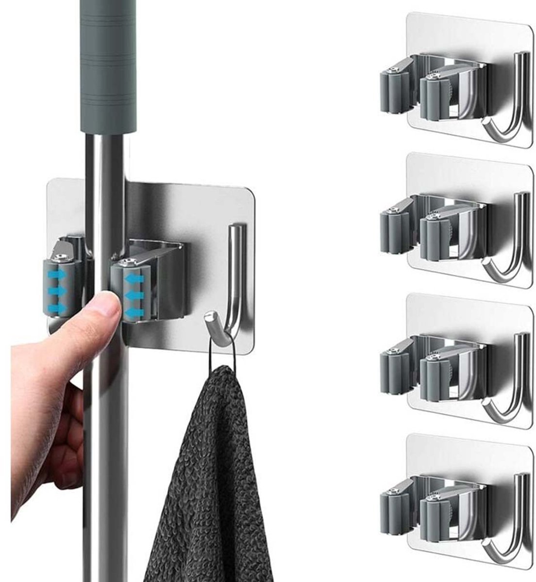Gigicial Zelfklevende bezemhouder - Wandmontage - Geen boren nodig/Waterdicht - Verpakking van 4 stuks - Geschikt voor badkamers en keukens - Zilver