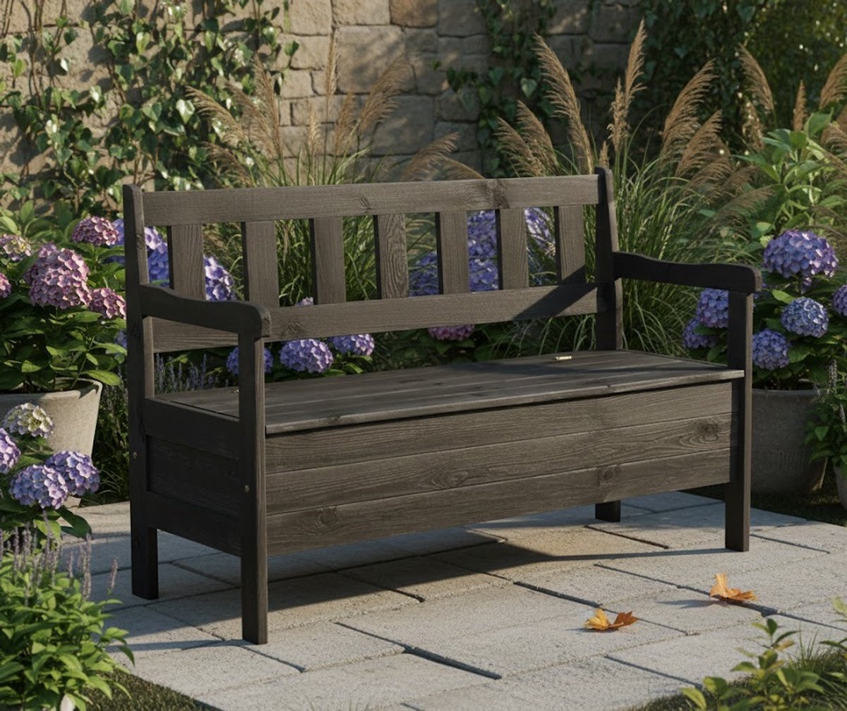Luxe Tuinbank met Opbergruimte 120 cm – Weerbestendig Houten Bankje met Rugleuning voor Tuin, Balkon en Patio – Anthracite House&Garden