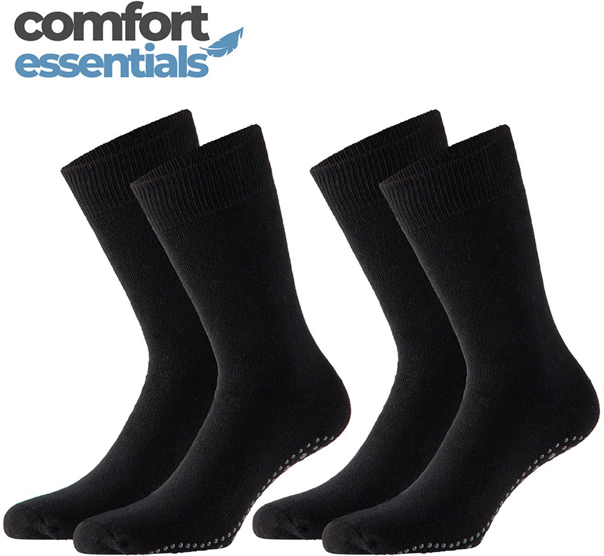 Comfort Essentials Antislip Sokken Heren - Zwart - Maat 40-46 - 4 Paar - Gripsokken - Huissokken Antislip - Dikke Warme Badstof Zool - Ziekenhuis Sokken