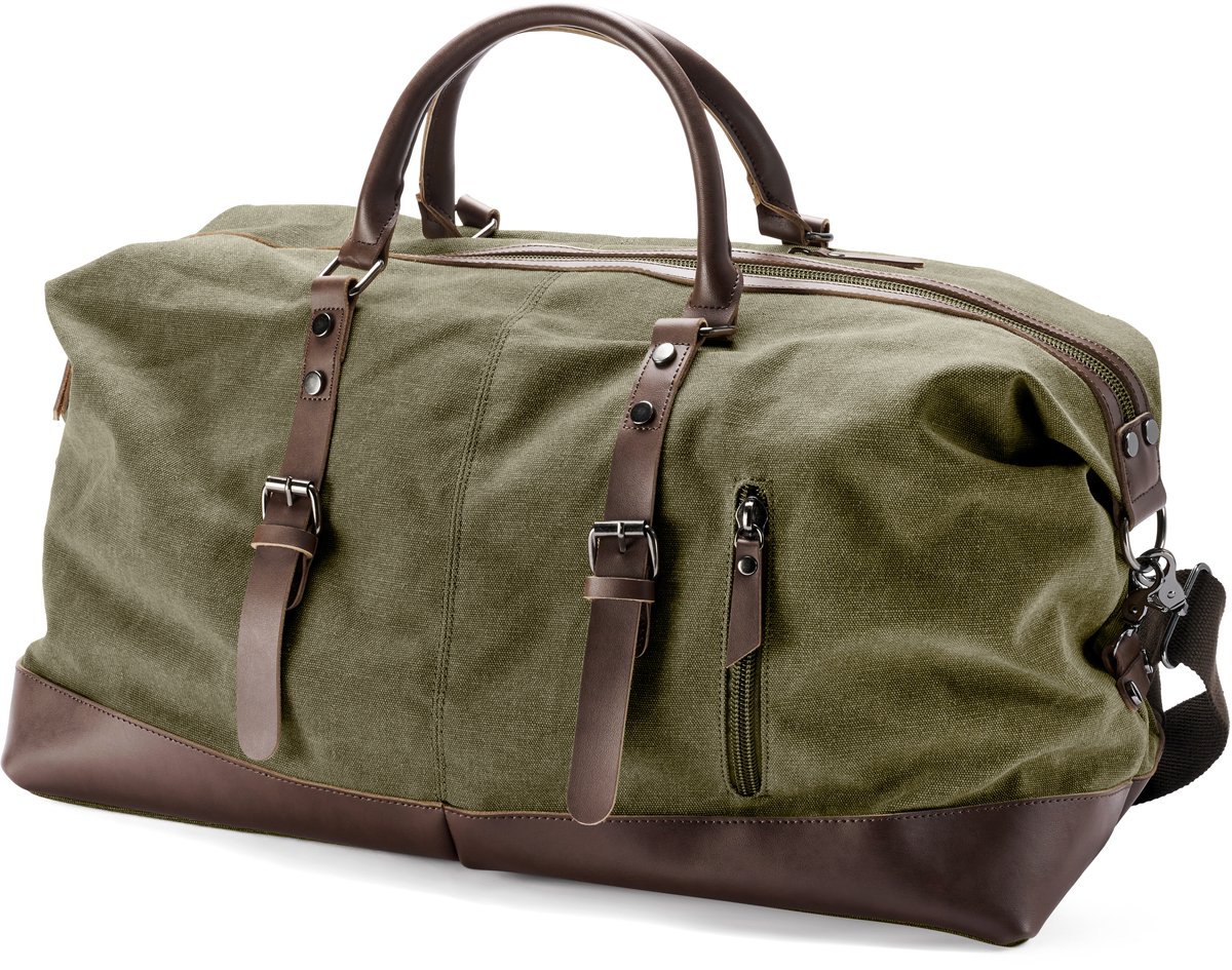 Weekendtas van legergroen canvas en bruin leer