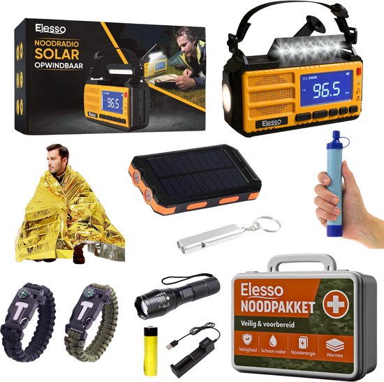 Elesso® Noodradio - Compleet Overlevingspakket bij Oorlog, Rampen & Stroomuitval - 10.000mAh Noodradio Solar Opwindbaar en Batterij - 72 uur Survival Kit powerbank - Kamperen & Outdoor