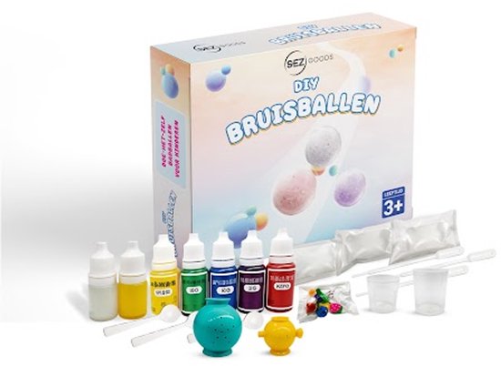 SEZGoods DIY Bruisballen Maken Pakket met flesjes kleurstof, geurstoffen, bakpoeder, citroenzuur, zout, pipetten, lepels en mallen.