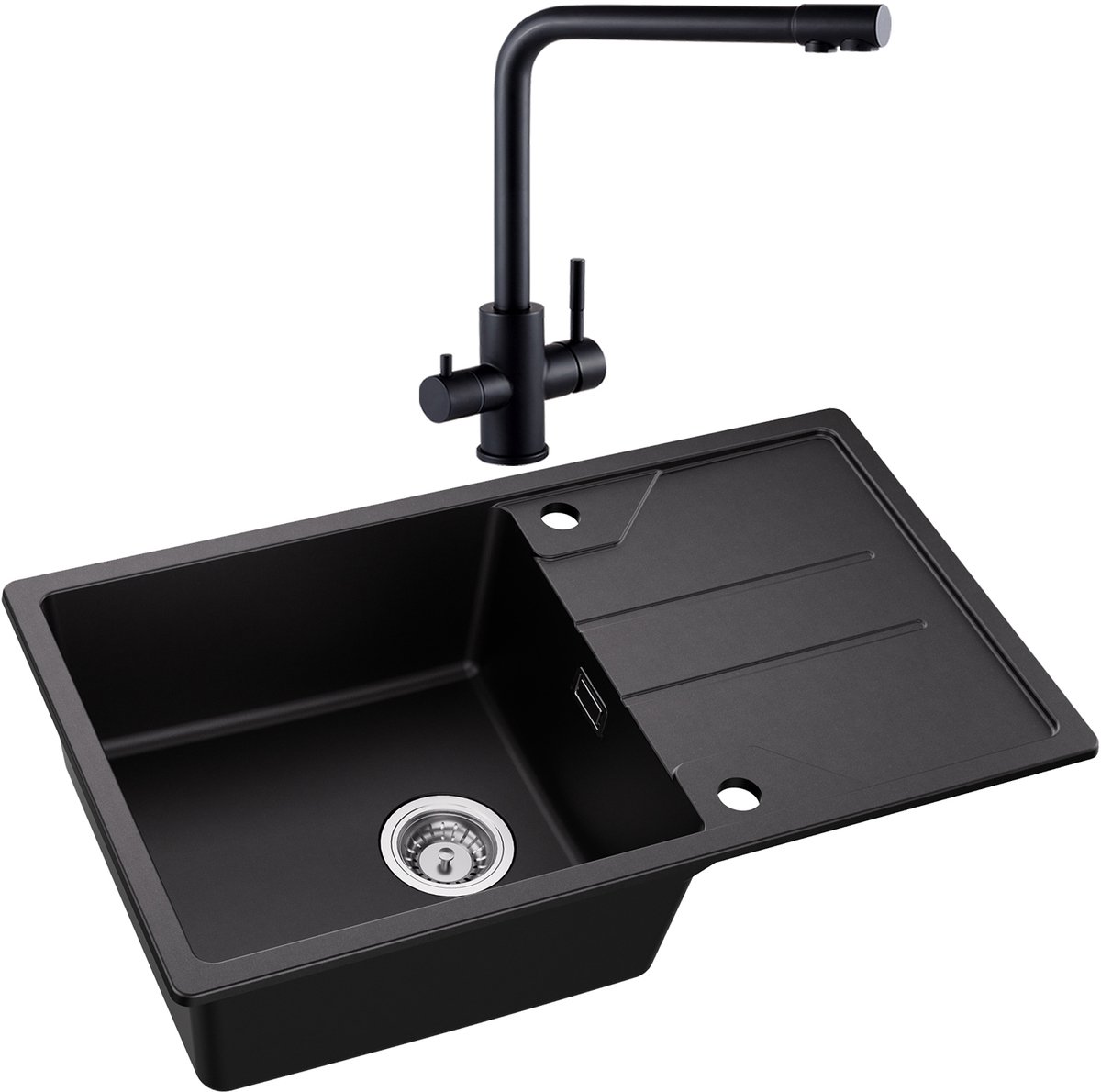 DERW MAX Spoelbak Keuken 78x45CM - Granieten Spoelbak Met 3 Wege Keukenkraan - Opbouw Spoelbak Keuken met Planchet en Afdrui - Zwart