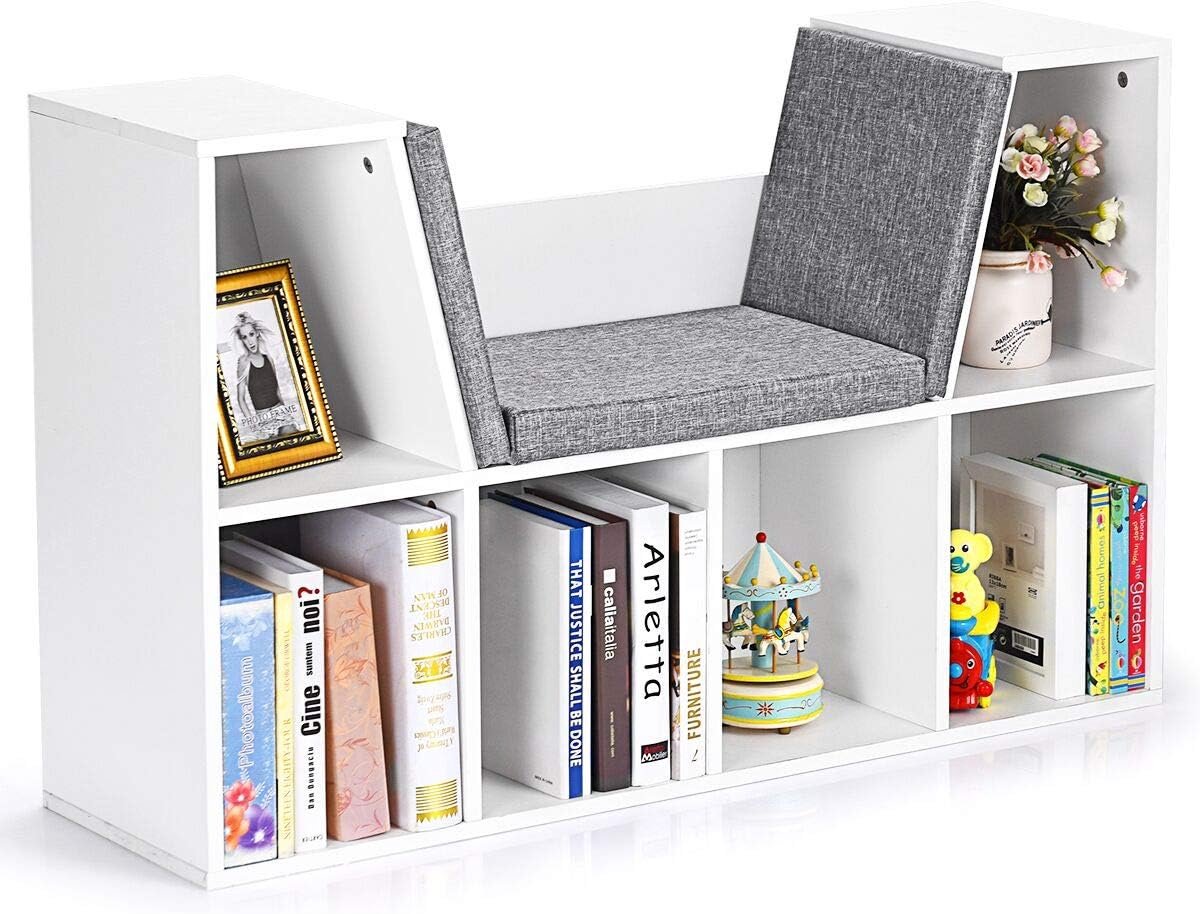 KOMFOTTEU Kinderboekenkast met kussen, opbergplanken, 6 opbergvakken, 102,5 x 30 x 63,5 cm, wit
