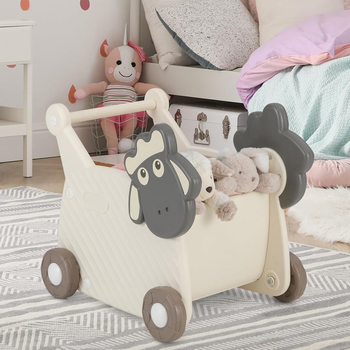 KOMFOTTEU Loopstoel, educatieve hulpmiddelen voor speelgoedbox, babywandelaar in schaapskooi met 18 liter opbergruimte en ergonomische handgreep, loopsteun voor jongens en meisjes vanaf 1 jaar, beige