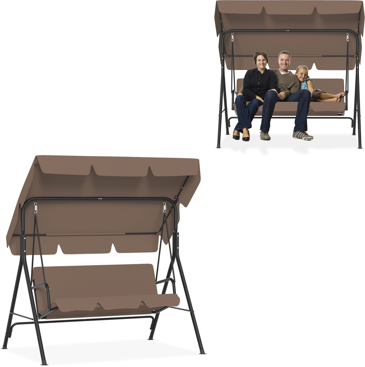 Aufun Schaukel 3 Zits - Tuinschommel Met Ligfunctie - Metalen Ligbank - Verstelbaar Zonnescherm - 176x110x152 cm - Donkerbruin