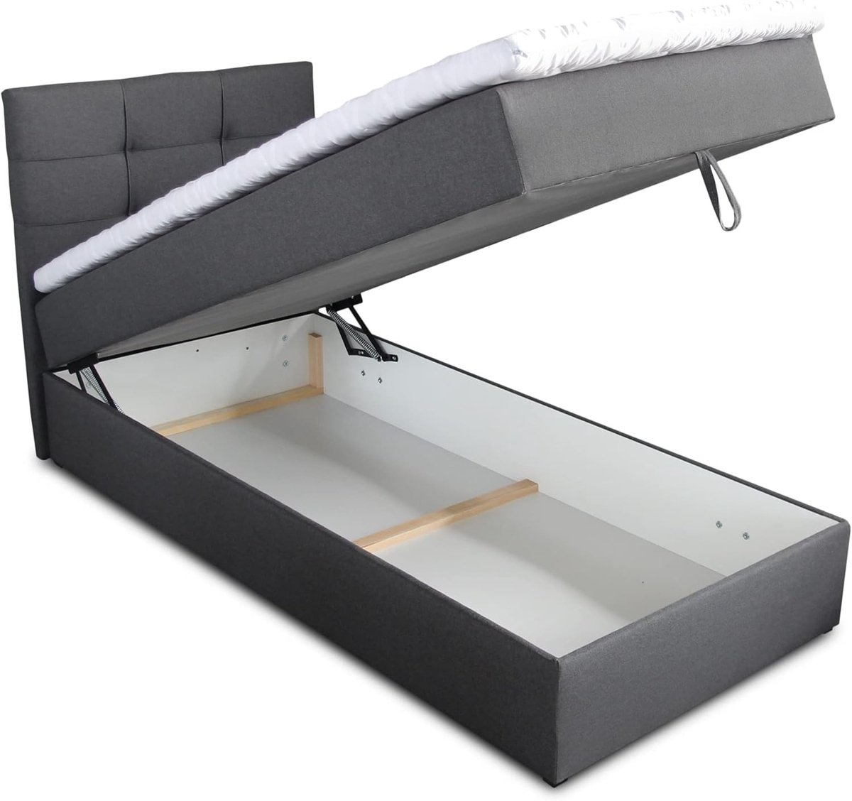 Boxspringbed met Opbergruimte 80 x 200 cm – Eenpersoons Boxspring met Bonell Matras & Topper – Gestoffeerd Bed met Automatisch Hefmechanisme – Beige – Pauwhome