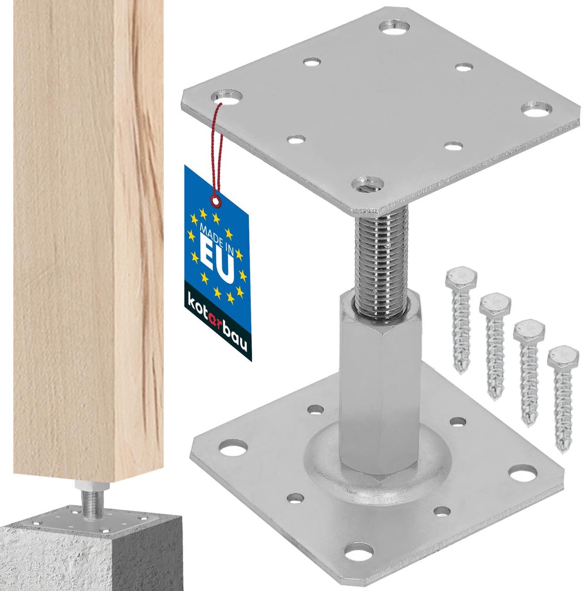 KOTARBAU® Paalhouder, Gegalvaniseerd Staal, 110 x 110 mm, Zilver, Verstelbare Paalvoet, Regelbare Paalhouder, 90-150 mm, Paalsteun, Schroefanker, Paaldrager met Schroefdraad