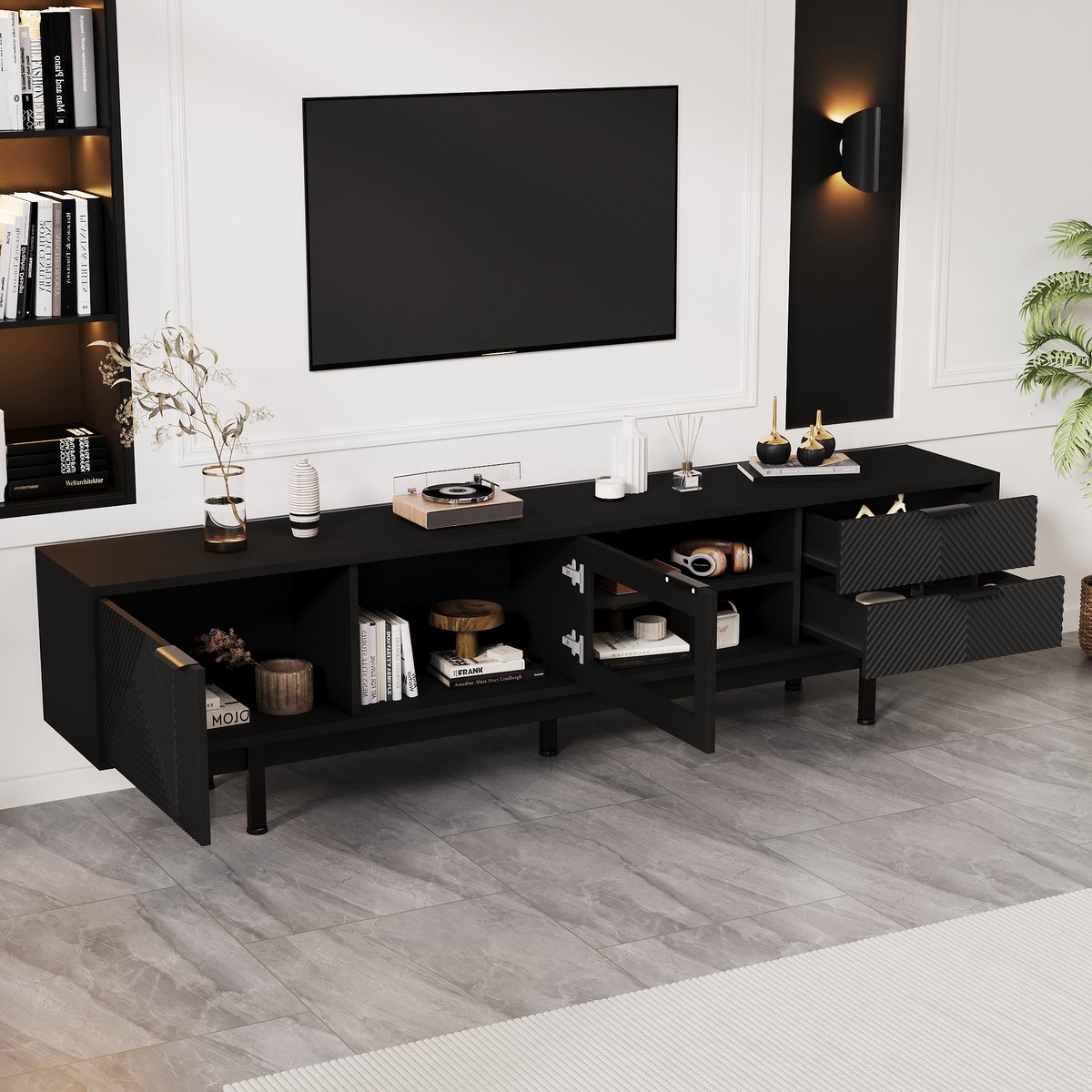 MIVRAY Tv Meubel - Modern Lowboard Met 2 Deuren En 2 Lades - Opbergdesign Voor Woonkamer - Spaanplaat En Glas - 200x40x50,5 Cm - Zwart