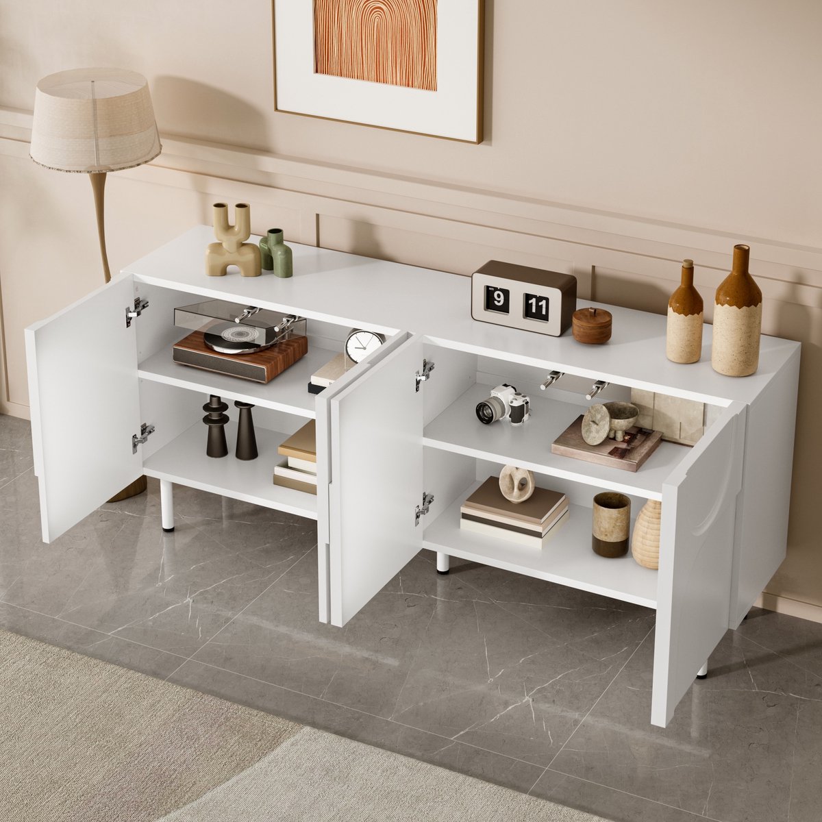 MIVRAY Dressoir - Geometrisch Design Met Onregelmatige Rondingen - Veel Opbergruimte Voor Eetkamer En Woonkamer - MDF - 160x38,5x70 Cm - Wit