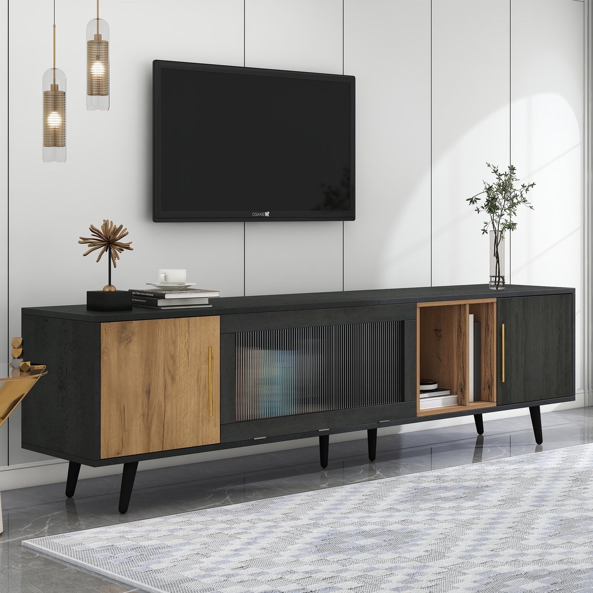 MIVRAY Televisiemeubel - Kast Met 3 Deuren En Kabeldoorvoer - Voor Woonkamer - MDF - Grijs En Donker Hout - 200x40x55,5 Cm