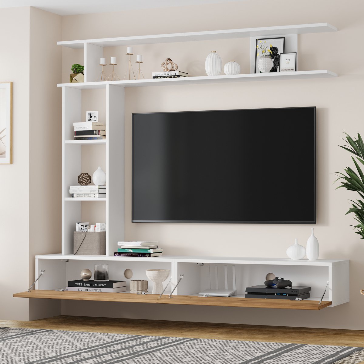 MIVRAY Tv Meubelset - Zwevend Of Staand Tv Dressoir Met Wandrek En Presentatierek - Voor Woonkamer - 180x35x22,5 cm- Spaanplaat - Wit+Eiken