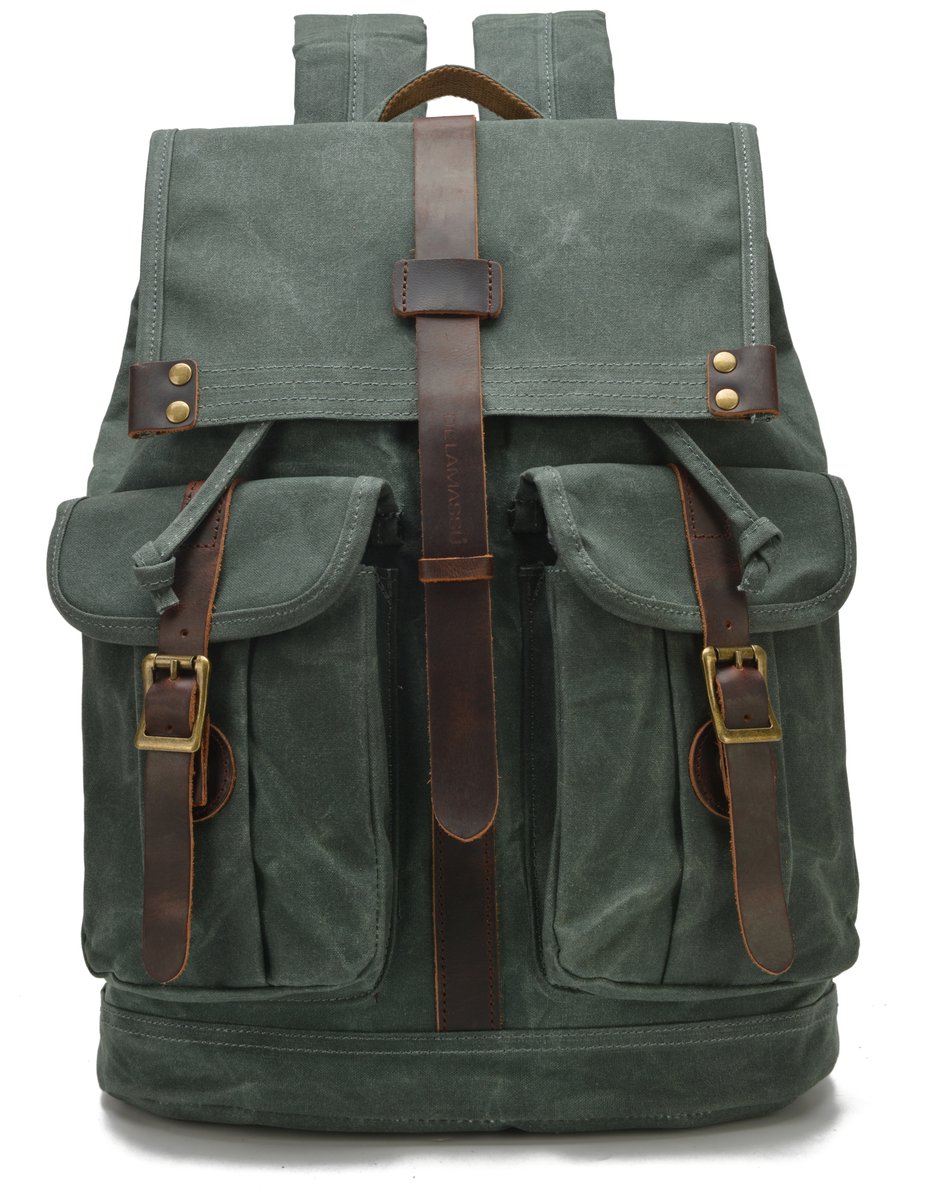 DE LAMASSU® Canvas Rugzak 16 inch Laptop – 24L – Vintage Backpack – Waterafstotend – Echt Leer Details – 35x16x43 cm – 1,1 kg