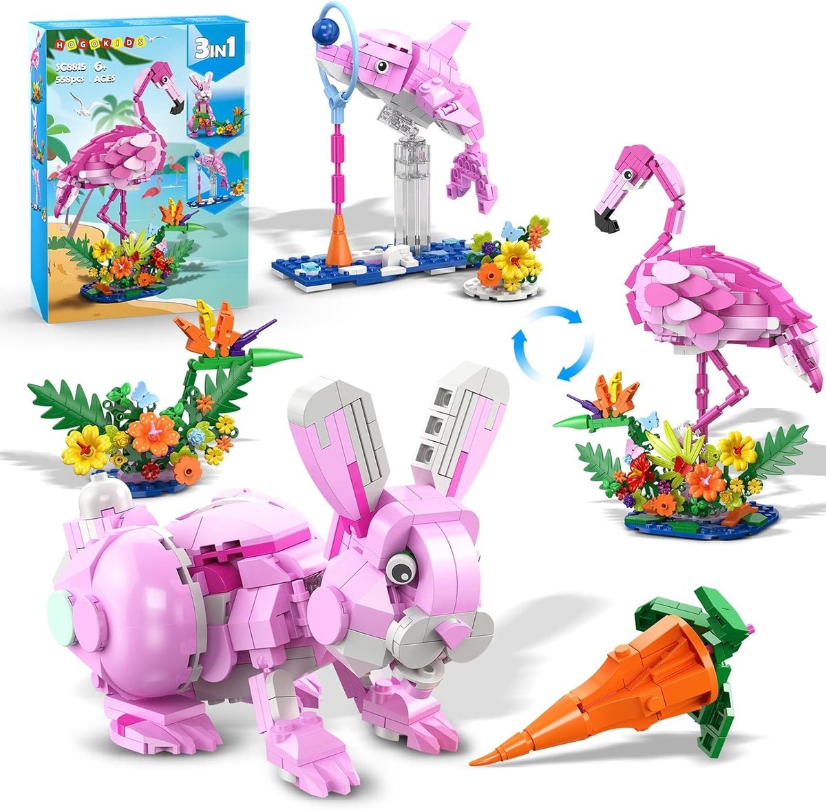 HOGOKIDS 3-in-1 Roze Dieren Bouwsets - 558 Delen - Educatief Bouwpakket voor Kinderen 6+ Jaar