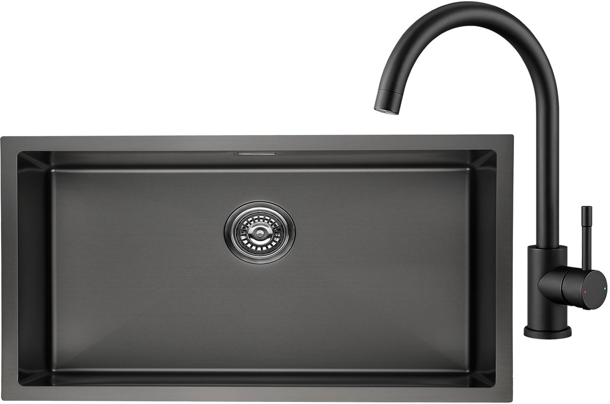 Lonheo max Spoelbak Antraciet 74x44 - Spoelbak Keuken Met Keukenkraan - Geborstelde RVS Spoelbakken Keuken - Spoelbak Met Afdruipgedeelte