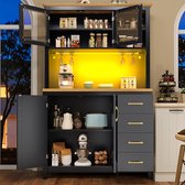 Buffetkast - opbergkast - keukenkast - dressoir - 105,5x40x180 cm - landelijke stijl - 4 deuren - met LED-verlichting en wijnrek - zwart