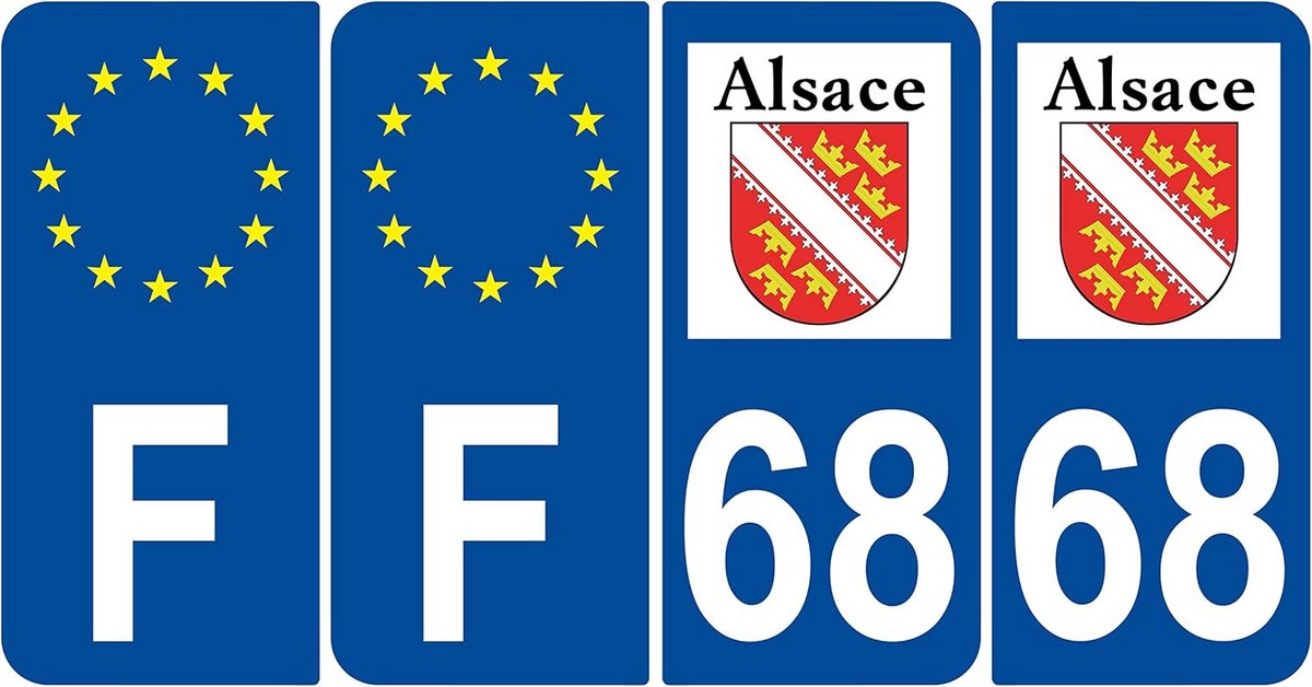 Wagenkader Stickers Departement 68 (Elzas Regio) - Nummerplaat Blauw 4 Stuks
