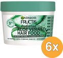 Garnier Fructis Hydrating Aloe Vera Hair Food masque 3-en-1, pot de 400ml avec couvercle vert et étiquette représentant de l'aloès.