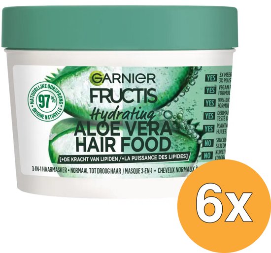 Garnier Fructis Hydrating Aloe Vera Hair Food masque 3-en-1, pot de 400ml avec couvercle vert et étiquette représentant de l'aloès.
