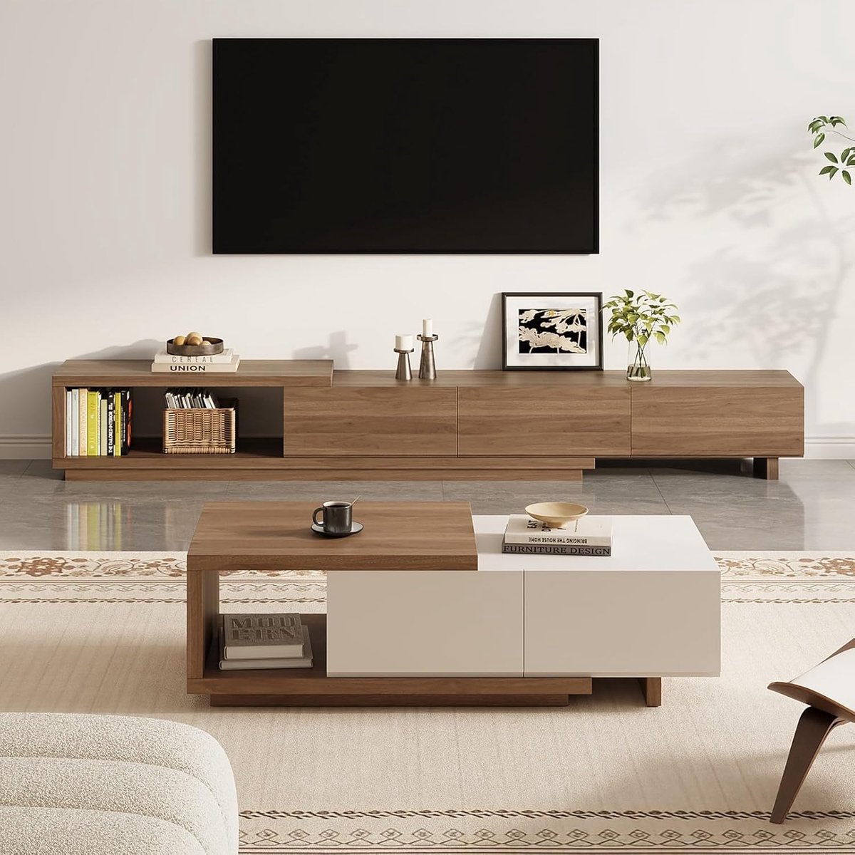 TV-meubel Set 255 cm Uitschuifbaar met Salontafel 175 cm – Walnoot Zwart Houten Woonkamermeubel met Opbergruimte & Lades – Moderne Design Meubelset – Abkantoor