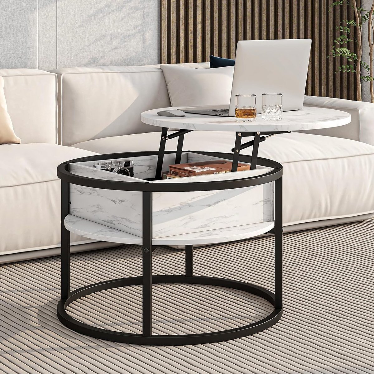 Ronde salontafel, salontafel met lifttop voor woonkamer 70D x 70B x 50,8H Wit
