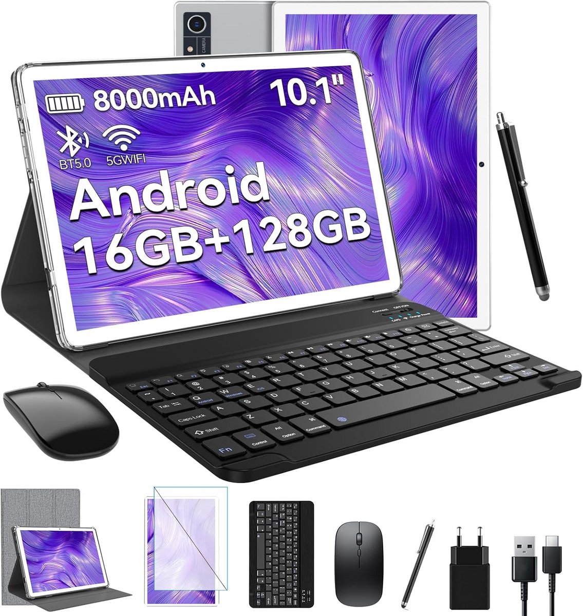 Android Tablet 10 Inch met Toetsenbord, Muis en Pen - 16GB RAM, 128GB Opslag (Uitbreidbaar tot 1TB), WiFi, Full HD