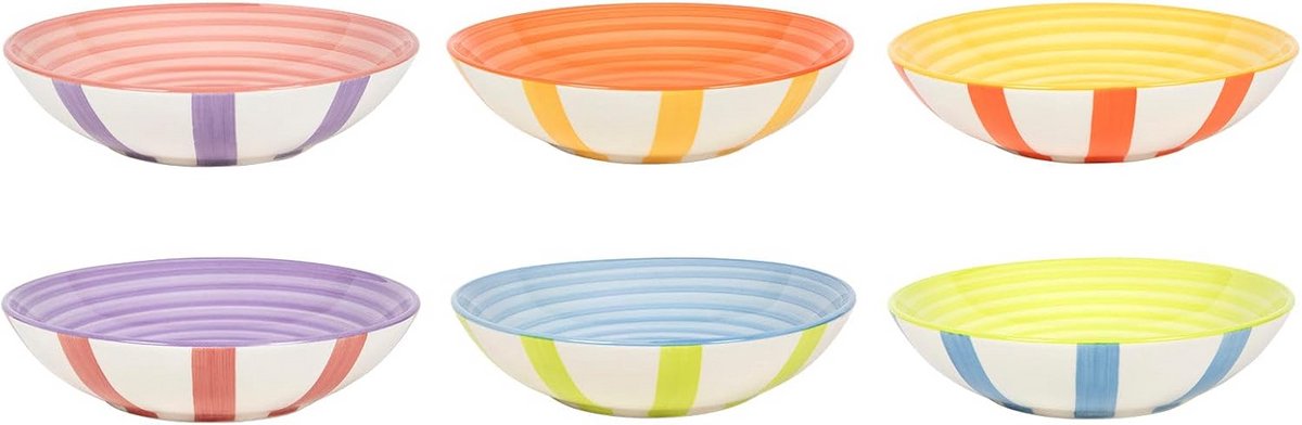 Set van 6 Diepe Pasta Borden - Multicolor Keramiek Ø 21 cm - Vaatwasser en Magnetronbestendig