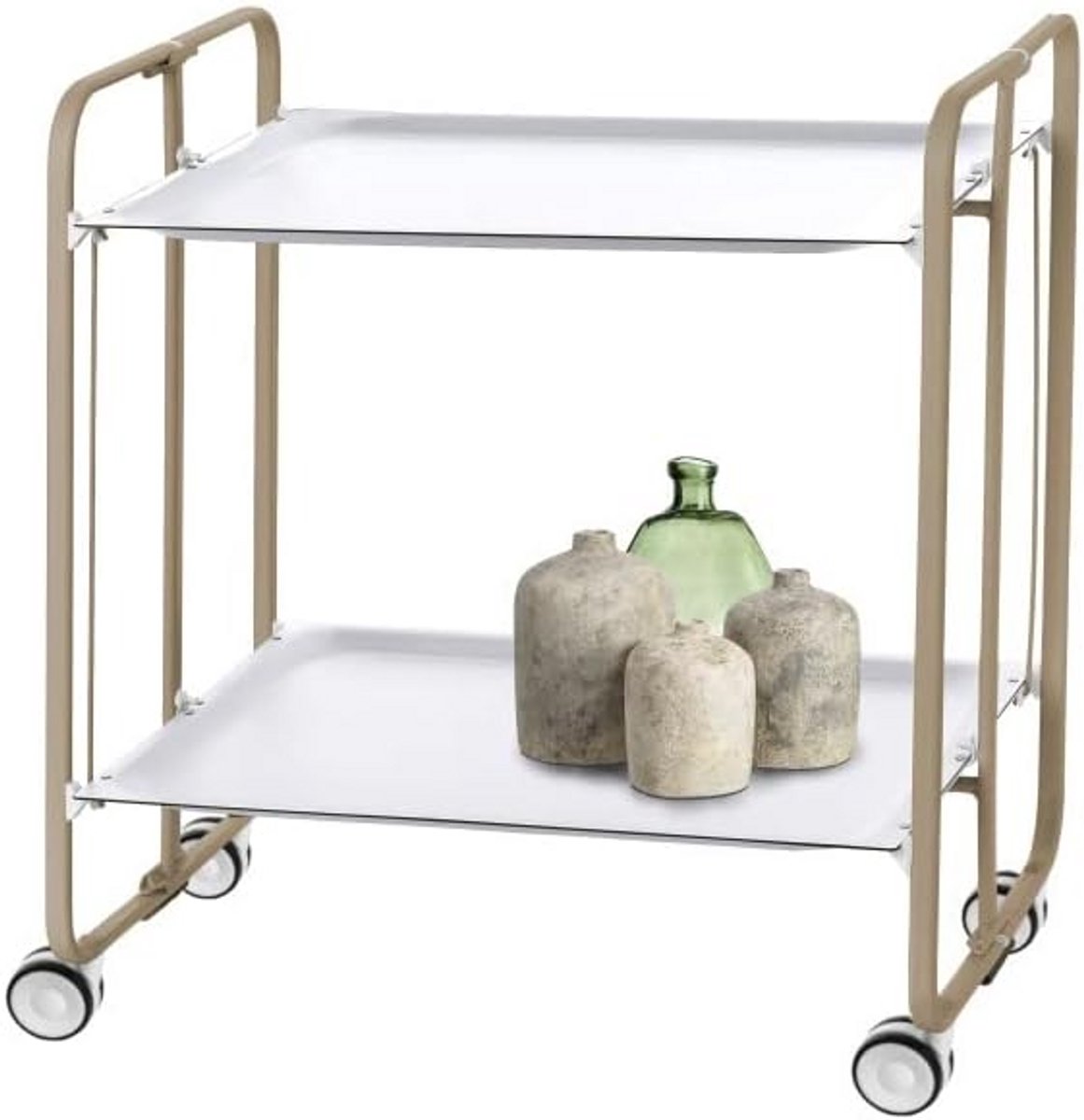 Opvouwbare Serveerwagen met 2 Lades - Zandkleurig Metalen Frame