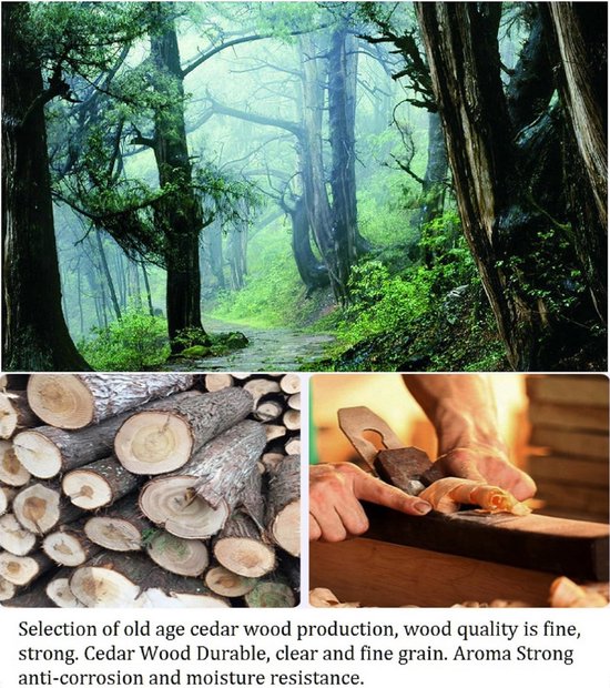 Collage met cederhouten boom, houtstapel en houtbewerking. Tekst: 'Cedar Wood Durable, clear and fine grain. Aroma Strong anti-corrosion and moisture resistance.'