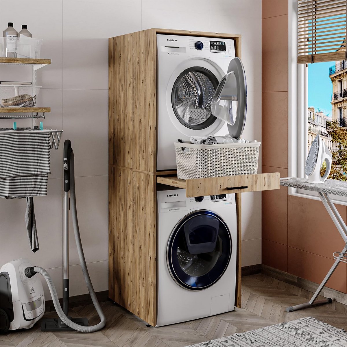 Wasmachinekast met Uittrekplank - Bovenbouwkast voor Droger en Wasmachine - Eiken Optiek