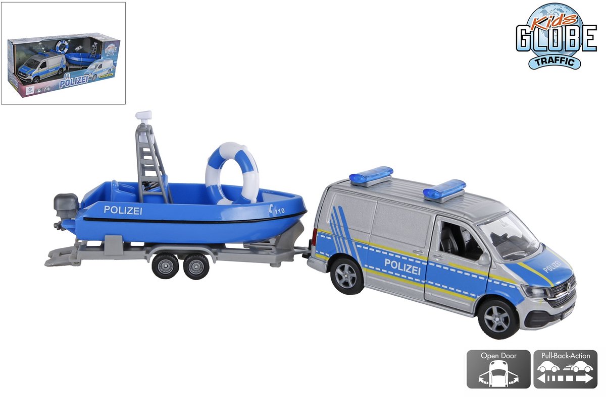 Kids GLOBE Volkswagen Transporter politie speelgoedauto met boot 29cm.