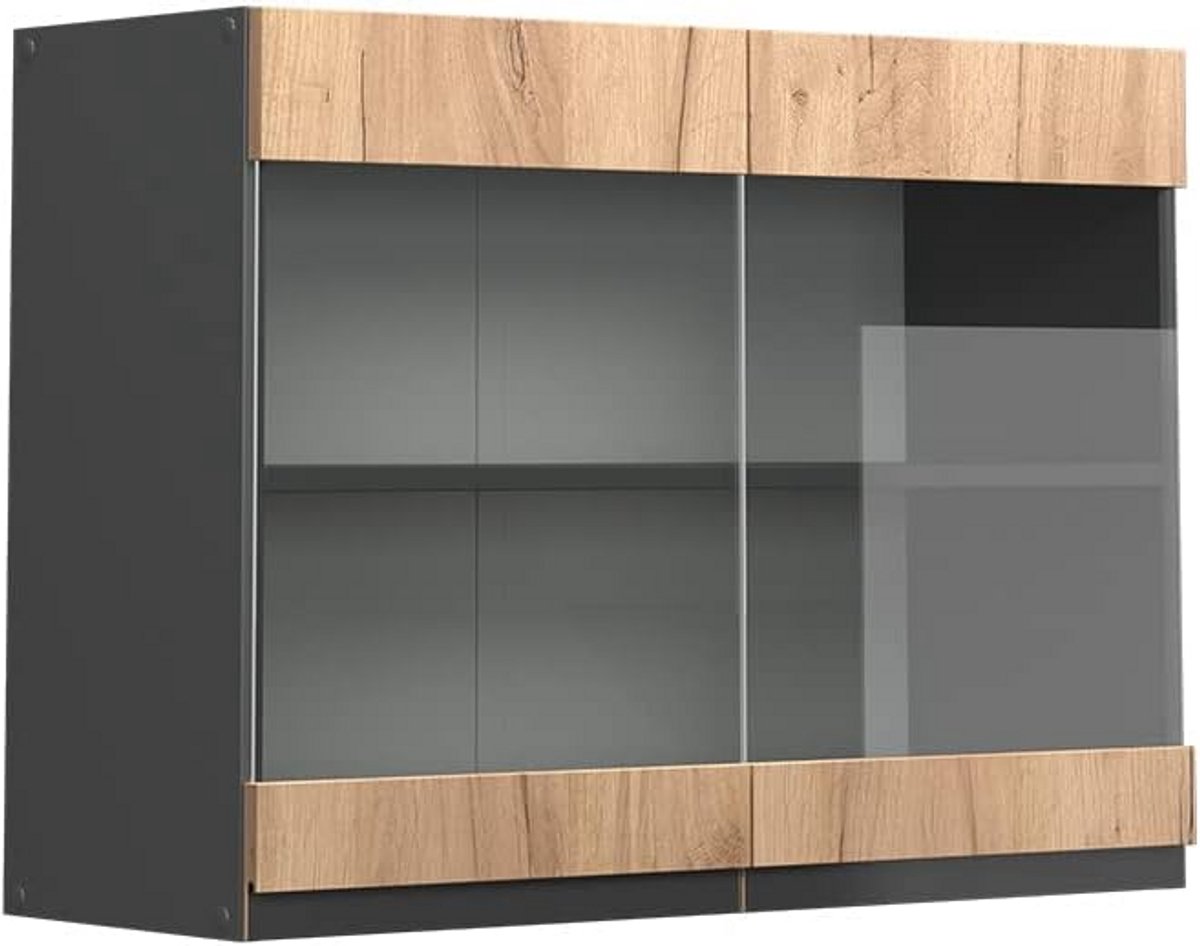 Hangvitrinekast Keuken 80 cm J-Shape Eiken Goud & Antraciet - Modulair Systeem