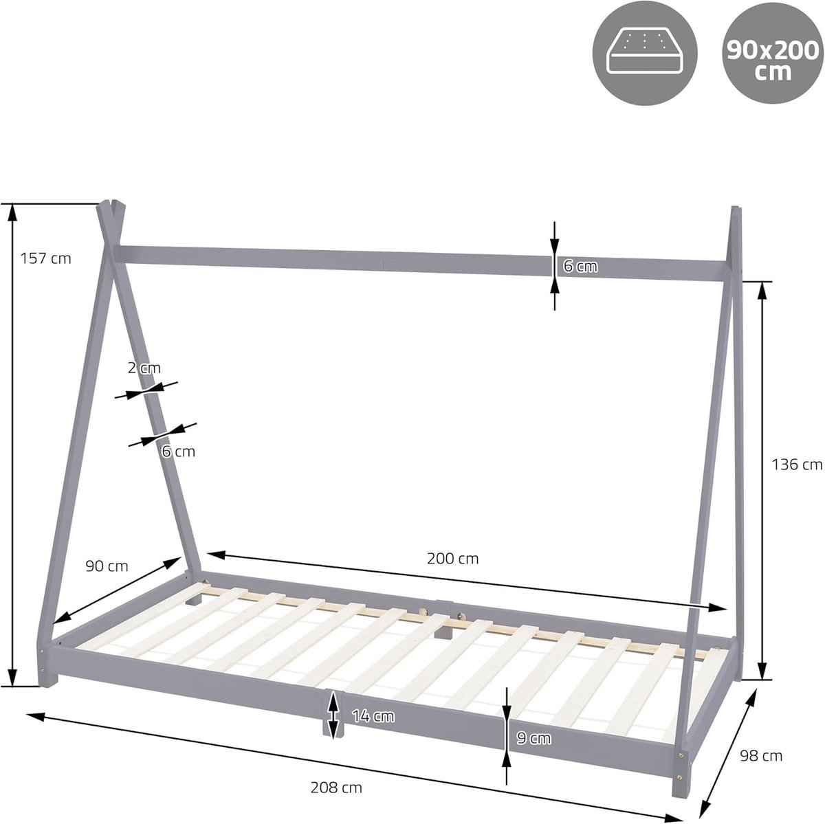 Tipi Kinderbed 90x200 cm – Casa Velluto MaxAdventure® Lichtgrijs – Massief Grenen Houten Huisbed met Lattenbodem – Speelbed & Kinderbed voor Jongens en Meisjes 3-9 Jaar