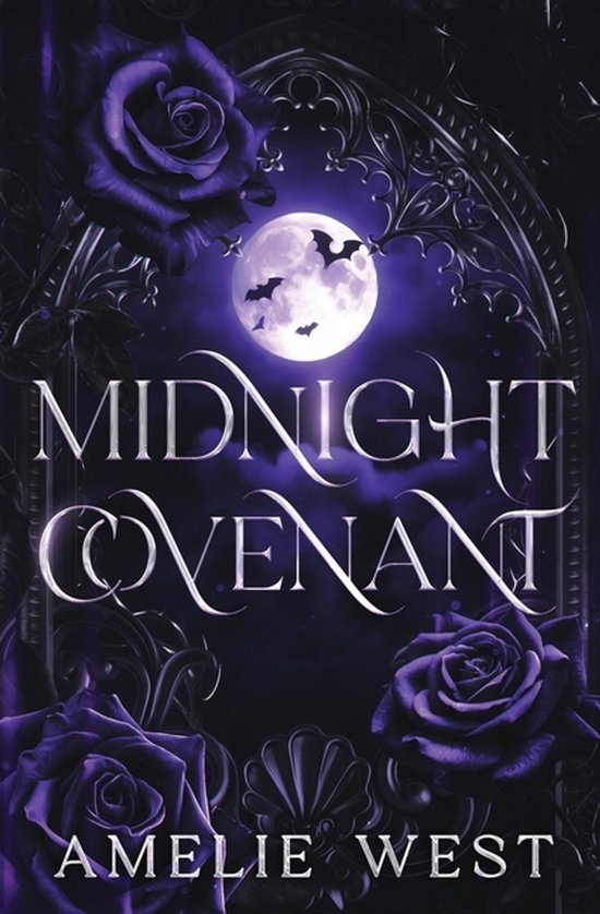 Couverture du livre 'Midnight Covenant' avec des roses pourpres, des chauves-souris et une lune.