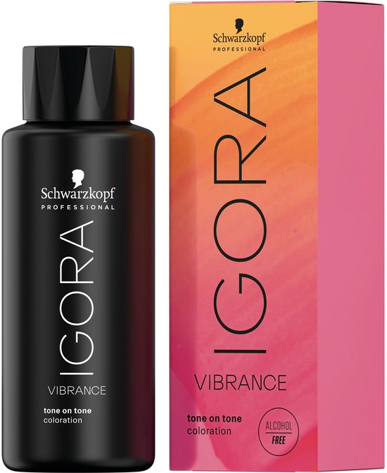 Schwarzkopf IGORA VIBRANCE toon-op-toon kleuring alcoholvrij in een zwarte fles, naast een doos met oranje/roze gradiënt.