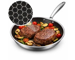 Koekenpan Ø 20 cm - PFAS Vrij & PTFE Vrij - RVS Honingraat Hybride Pan - Geschikt voor Inductie, Elektrisch, Keramisch & Gas - Hexagon Anti Aanbak Pan - Krasbestendig - Oven tot 280°C - Duurzame Keramische Coating - Vaderdag Cadeau - Löwenthal