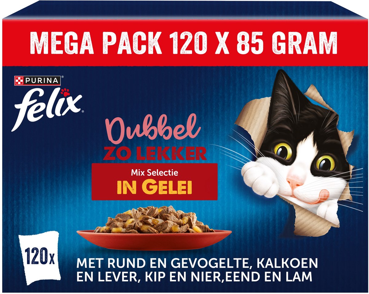 FELIX Zo goed als het eruit ziet, dubbel lekker, kattenvoer nat in gelei, variëteitenmix, verpakking van 120 (120 x 85 g)