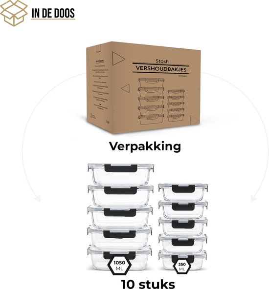 Verpakking en inhoud van 10 stuks glazen vershouddozen.