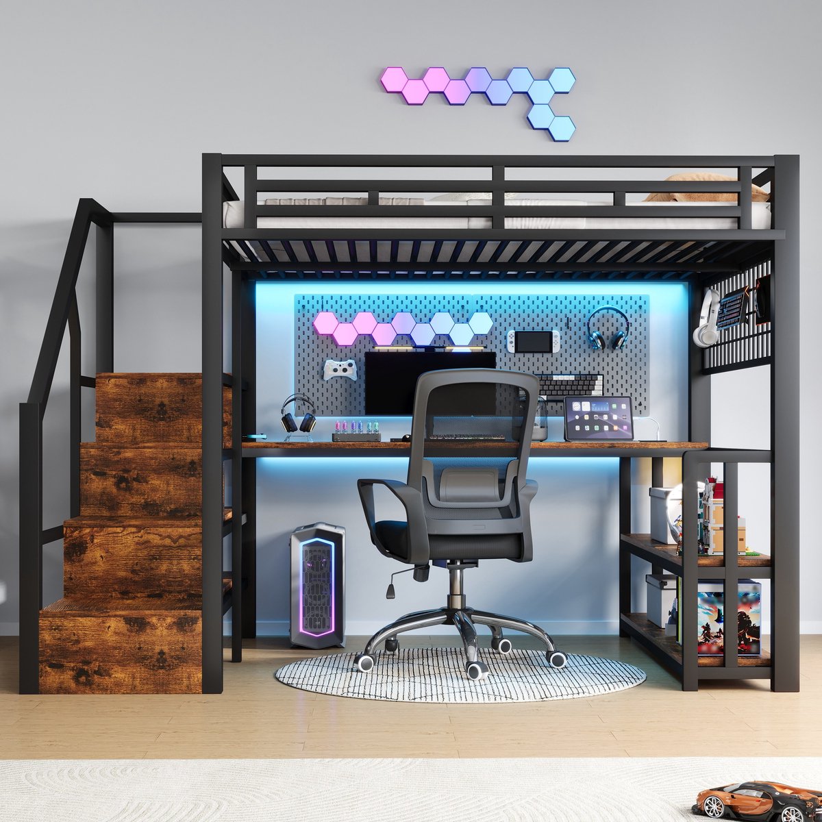PHOEBE CAT Hoogslaper - 140 x 200 cm - Metalen frame - Opbergplanken - LED-verlichting - Met bureau - USB/Type-C - Zwart